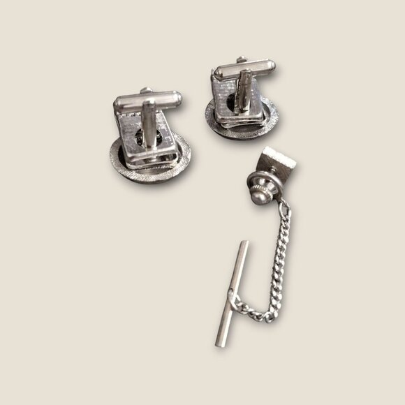 Vintage Silver Cuff Links & Tie Tack Set With Blue Rhinestones - Picture 6 of 6